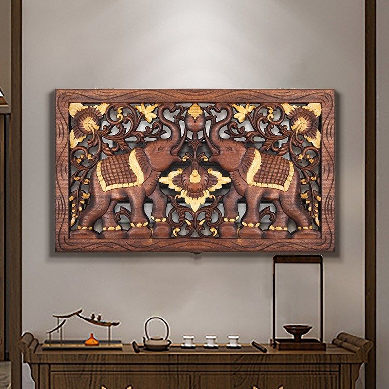 泰国实木大象电表箱遮挡箱电闸盒配电G箱装饰画餐厅新中式挂画简