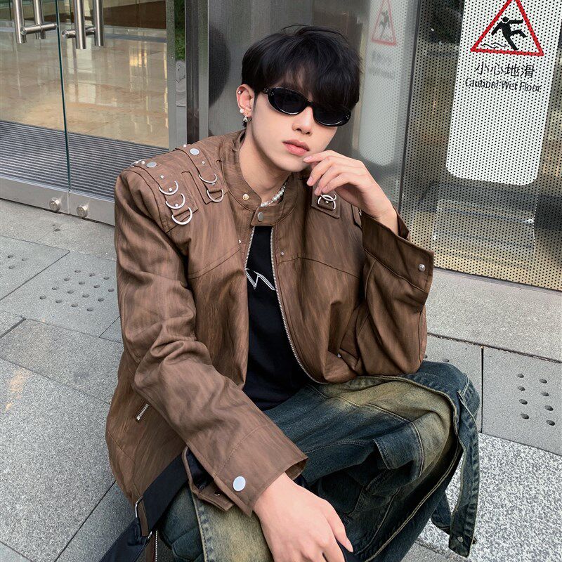 黑沧社/美式夹棉垫肩机车皮衣外套男冬季设N计感加厚短款夹克棉服