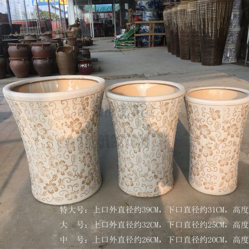 珍珠白带花卉图特大号高筒陶瓷花盆F案散尾葵绿萝琴叶榕盆发财树