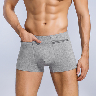 头短裤 H纯棉平角高腰防盗裤 男士 双侧带兜拉链有口袋胰岛素泵内裤
