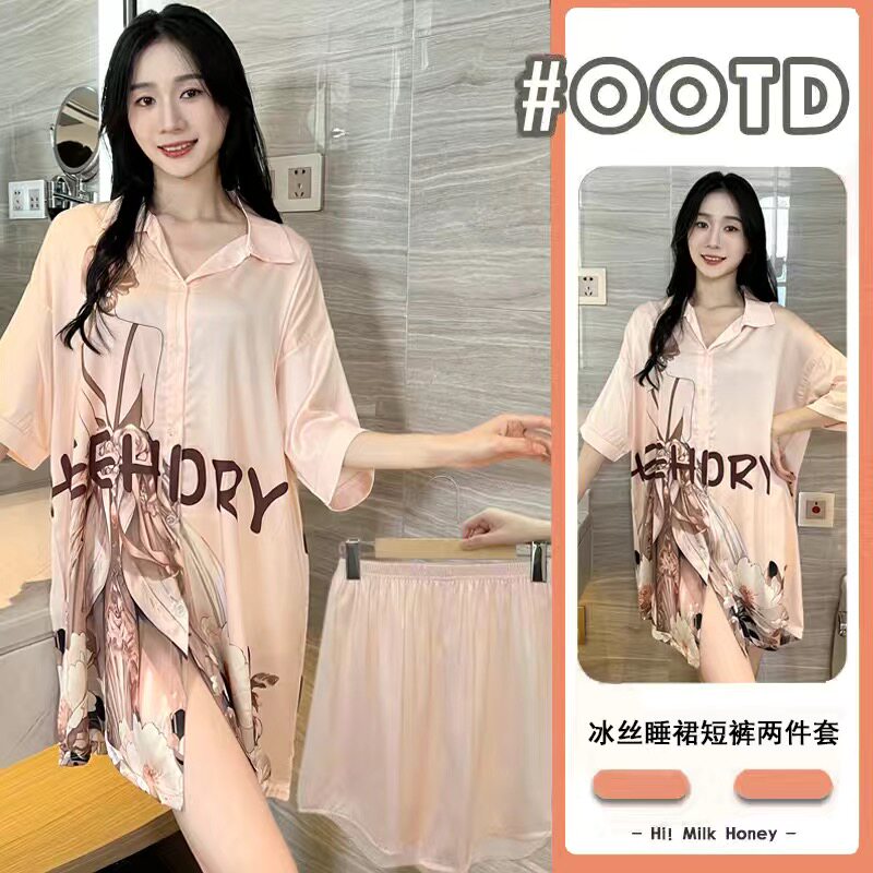 网红冰丝睡裙女性感宽松睡衣套装图片