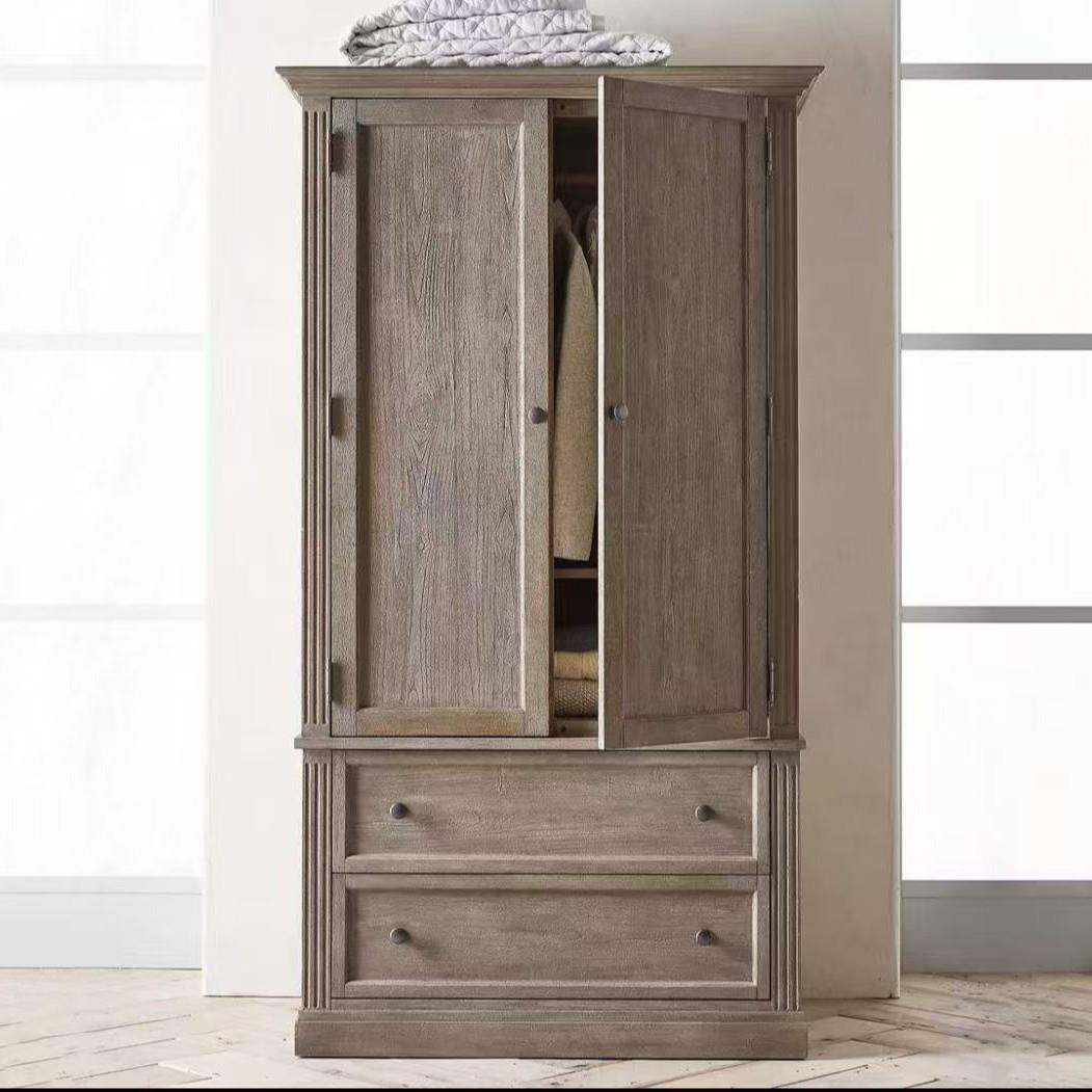 美式乡村实木复古做旧双门衣柜法式储物柜欧式两门衣橱家具柜子