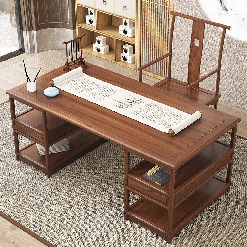 新中式全实木大书桌画案书画桌书法桌中式办公桌书架一体现代简约