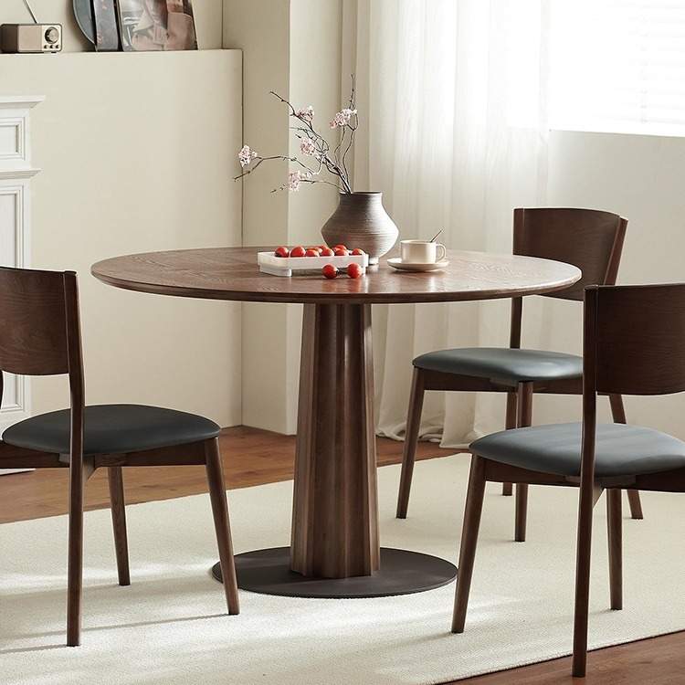 全实木黑胡桃木色餐桌椅简约式洽谈桌极简式圆形复古风办公商用桌