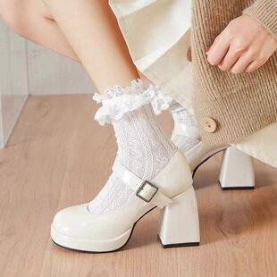 法式玛丽珍单鞋女粗跟黑色jk制服辣妹增高跟鞋厚底芭比圆头小皮鞋