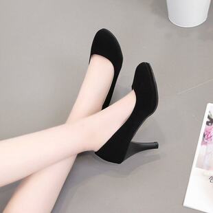 圆头工作鞋黑色皮鞋职业面试高跟鞋女细跟大码单鞋空乘礼仪工装鞋