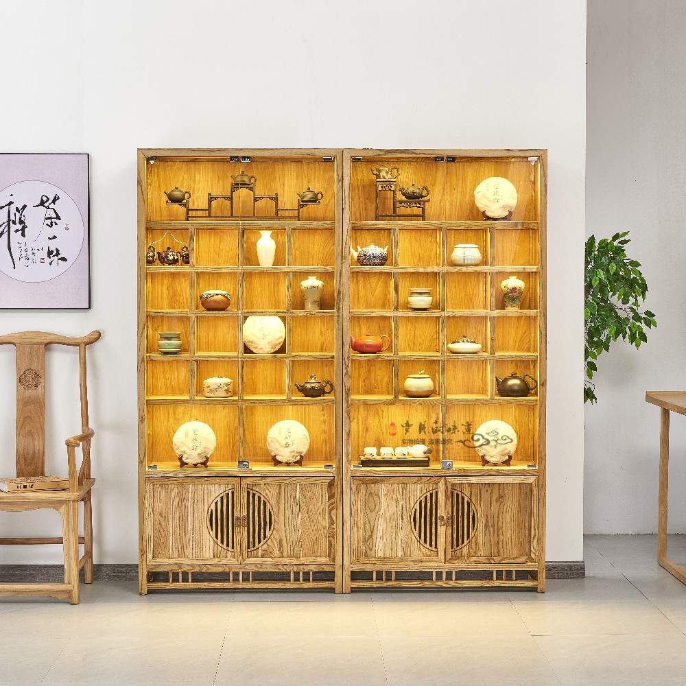 实木中式多宝阁格子架榆木玻璃柜展示柜茶具置物架紫砂壶架博古架