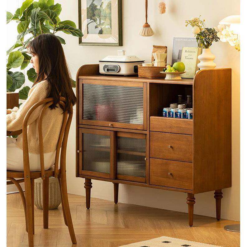北欧实木餐边柜家用客厅玻璃多功能茶水柜厨房复古碗具收纳储物柜