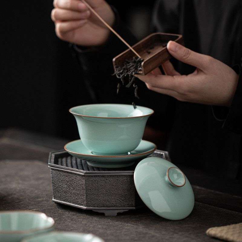 厚湖窑汝瓷盖碗陶瓷三才盖碗大号茶杯敬茶碗汝窑开片可养泡茶器