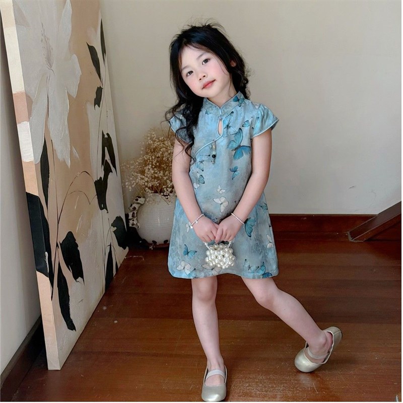 蓝色蝴蝶童e装夏季儿童连衣裙女宝新中式改良旗袍裙子女孩汉服高