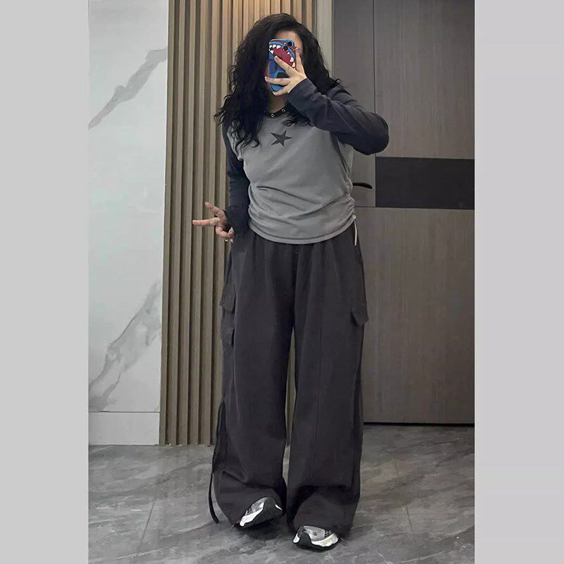 300斤大码女装美式o复古工装裤女胖mm高腰宽松显瘦阔腿直筒休闲裤
