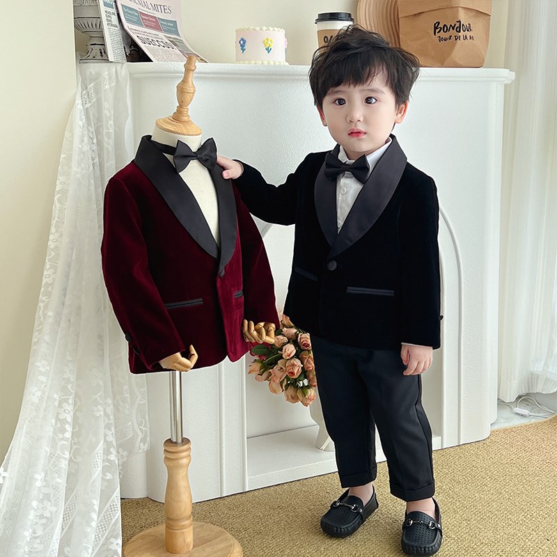 男童西装外套f儿童上衣宝宝生日西服中大童表演走秀英伦花童礼服