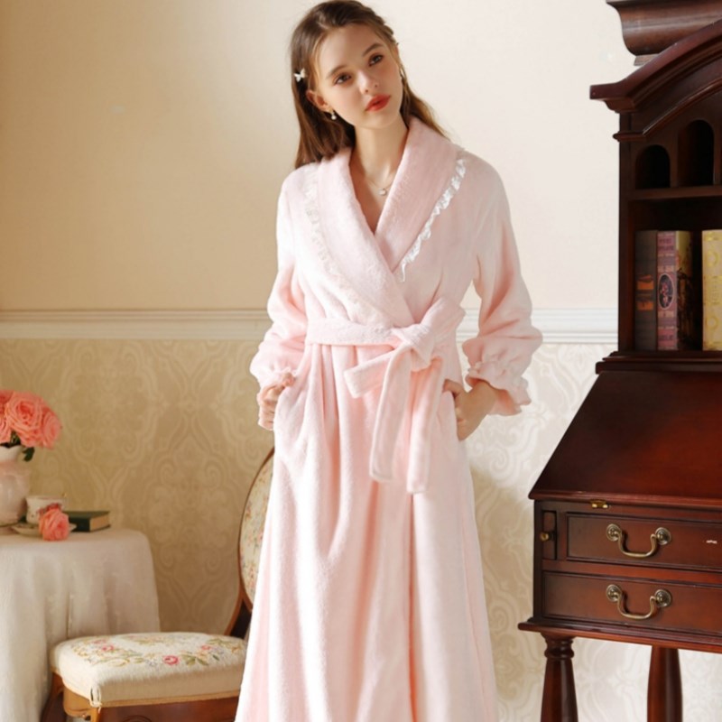 2024b秋冬新品睡袍女款冬季加厚加绒浴袍浴衣长款法兰绒睡衣外套