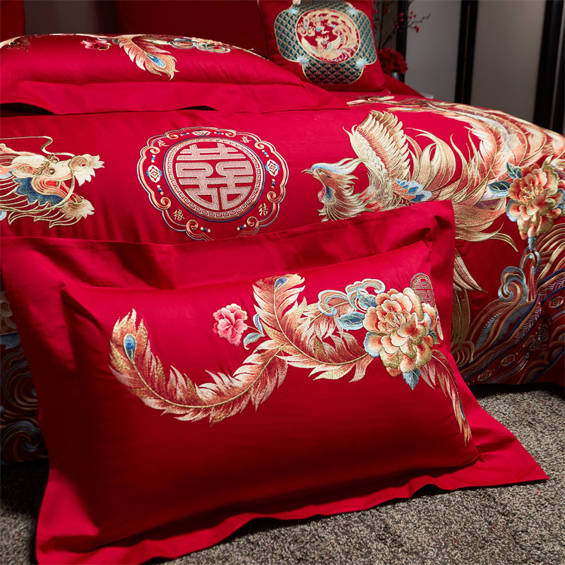 120支端长绒棉婚庆四件套大红色纯棉喜J被龙凤刺绣结婚床上用品4