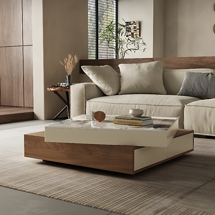 意式极简茶几岩板旋转方形简约小户型储物实木设计师客厅家用茶桌