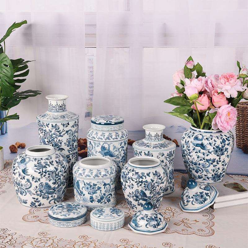 景德镇陶瓷花器仿古青花手绘花瓶花插茶道水培创意博古架陶瓷摆件