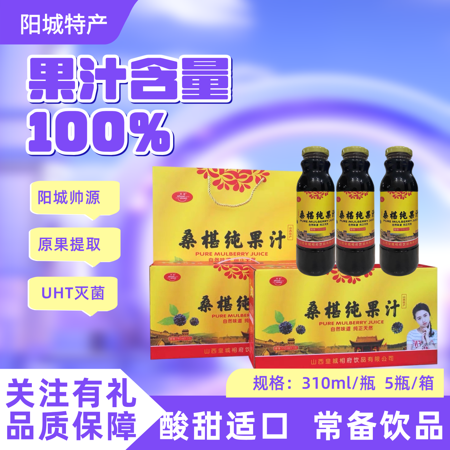 山西晋城特产阳城皇城相府100%桑葚汁饮料310ml*10瓶礼盒装整箱