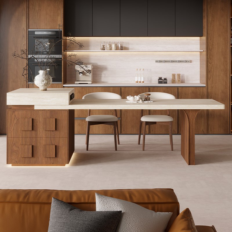 下挂岩板岛台餐桌一体可伸缩家用中古风胡L桃色开放厨房餐厅中岛