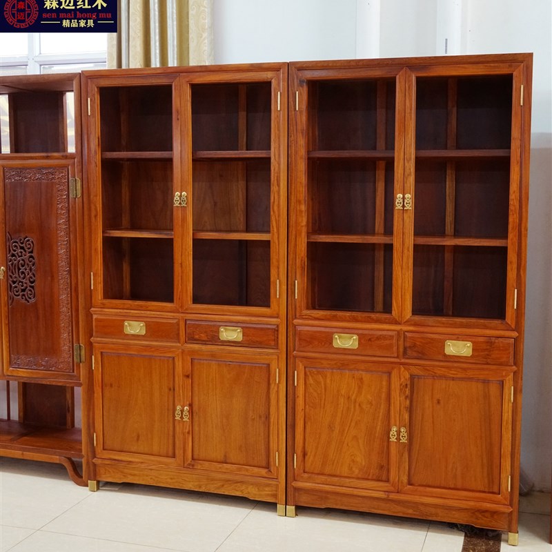 缅甸花梨书柜实木书柜加厚独板大果紫檀书M柜博古架书架红木储物