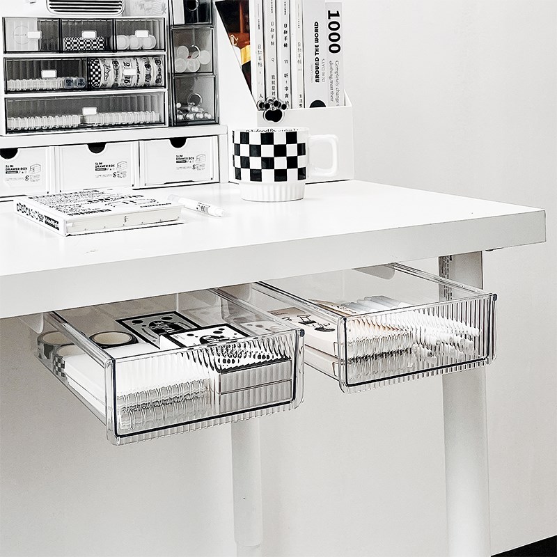 桌下收纳盒抽屉式书桌隐藏悬挂置物架办I公室工位文具小抽屉整理