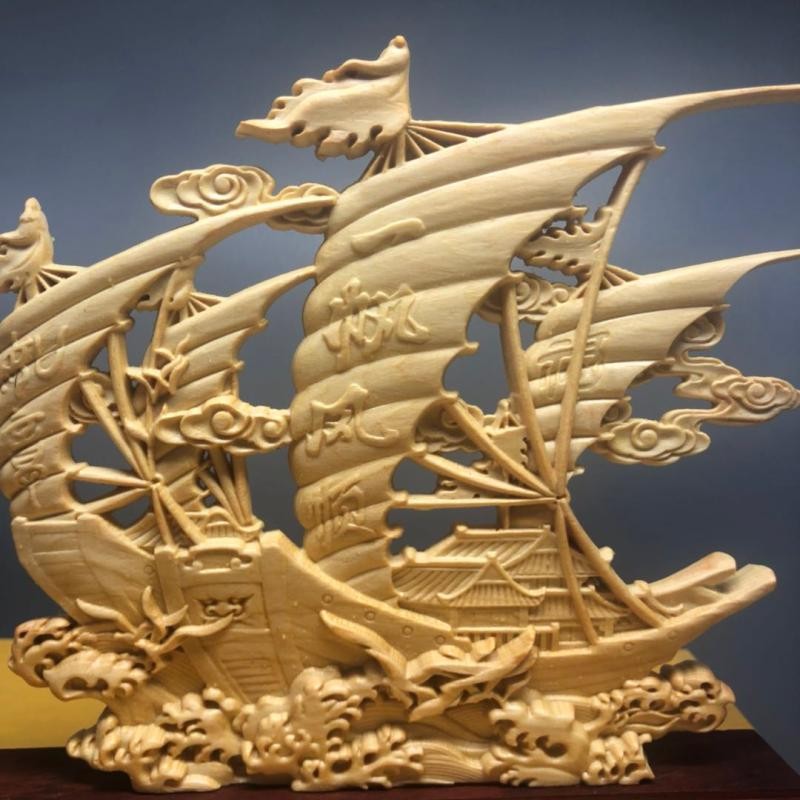 崖柏黄杨木雕一帆k风顺实木摆件乘风破浪红木家居办公室装饰工艺