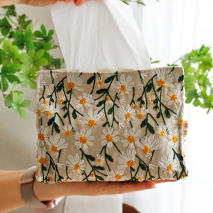 苎麻家用客厅纸巾盒收纳纸巾袋 轻奢刺绣抽纸盒双层车载抽纸袋日式