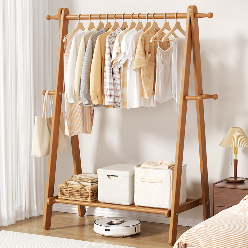 实木衣帽架落地家k用挂衣架卧室衣服收纳挂架房间立式榉木晾衣架