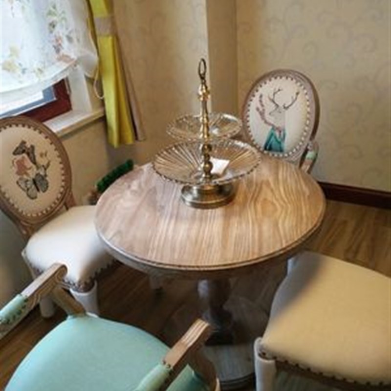 欧式复古实木茶几圆桌做旧餐桌婚纱拍照桌木Q方桌酒店咖啡厅餐桌