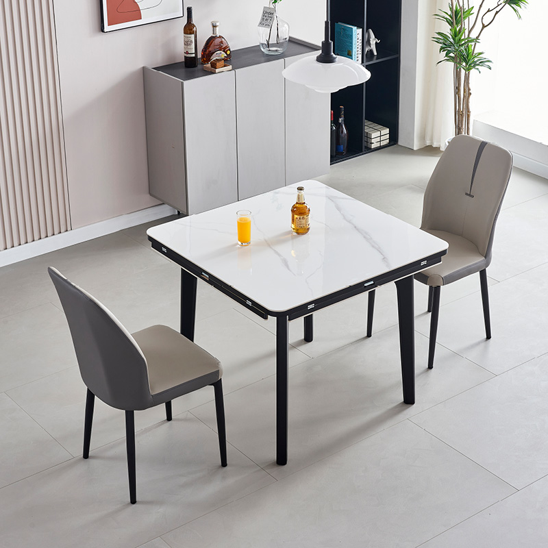 小户型亮光岩板餐桌椅组合现代简约餐桌家L用实木折叠方桌可变圆