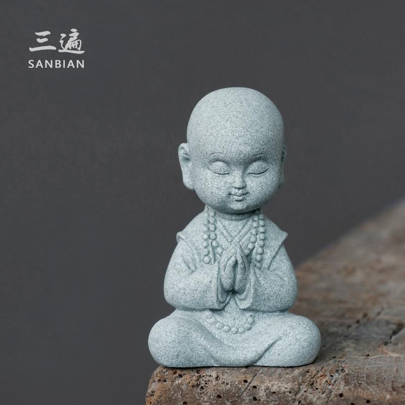 新中式禅意水泥小和尚鱼缸沉水造景布景摆件玄关客厅桌面装饰品