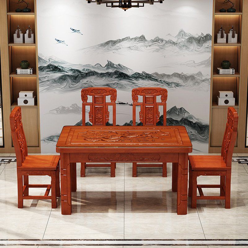 花梨木全实木仿古餐桌椅组合雕花一桌六椅长形西餐桌餐厅家用家具