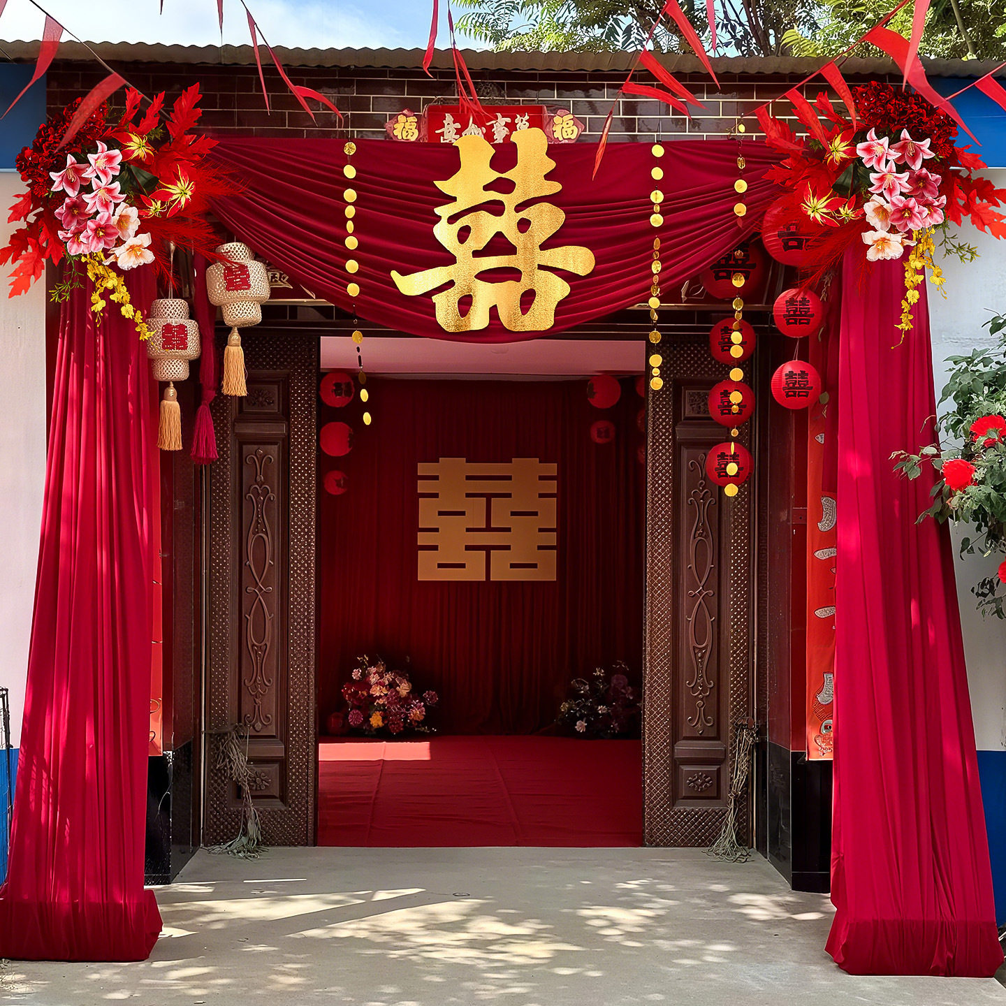 结婚装饰户外农村院子婚房布置套装婚礼纱幔拉花喜字庭院大门挂饰