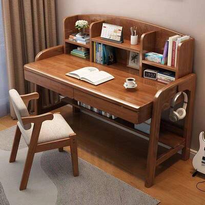 实木书桌带书习架一体家用电HKK中小学生写字学脑桌简约现代可升