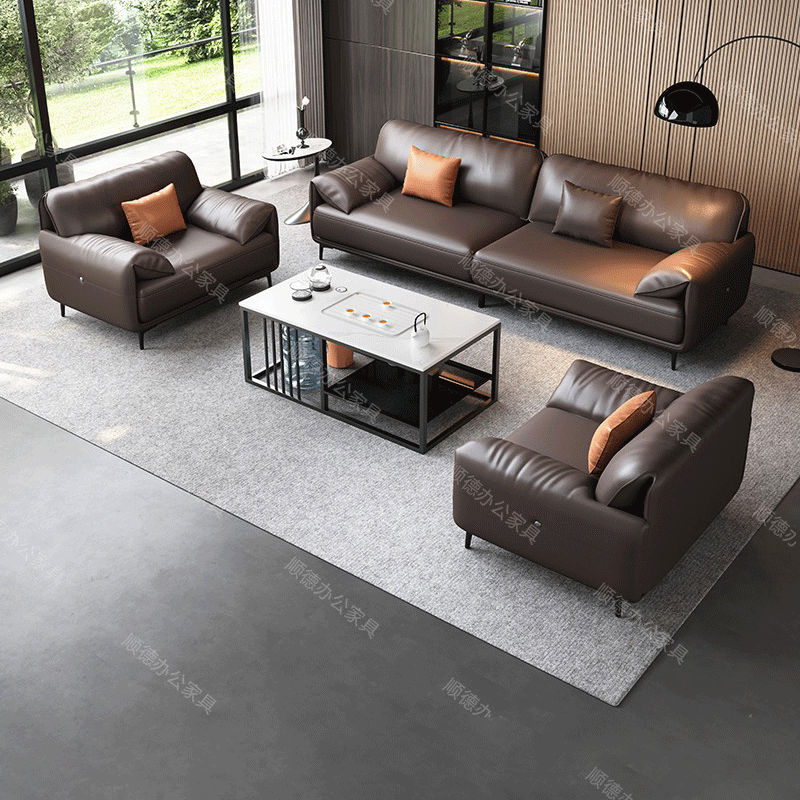 办公室沙发茶几组合商务接待会客区简约现代真皮办公室中型三人位