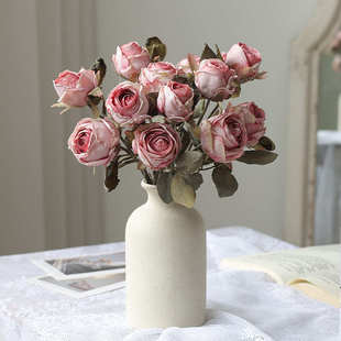 法式焦边玫瑰仿真花高档客厅花束假花摆件餐桌花干花装饰道具摆设