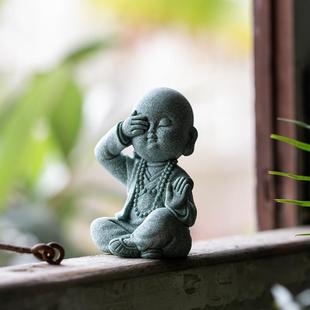 1中式青砂石摆件禅意小和尚茶宠摆件家用装饰国潮逗兽记鱼宠摆件