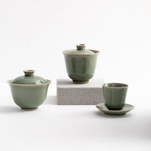 越窑青瓷盖碗二才仿古小号泡茶敬茶碗防烫功夫茶具配件手工盖碗