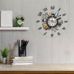 跨境LED灯透明亚克力挂钟汽车维修服务技工工具彩色时钟装饰墙钟