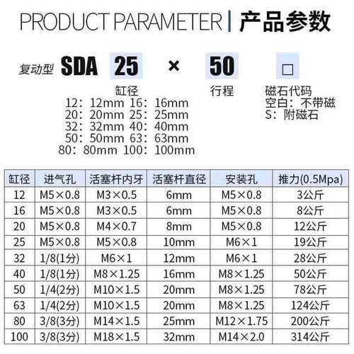小型气动大推力SDA薄型气缸20/25/32/40/50/63/80/100*5X10X20X30