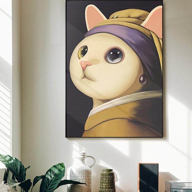 戴珍珠耳环的少女装饰画小众艺术猫北欧客厅壁画现代简约玄关挂画