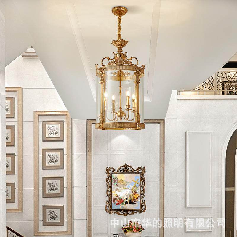 法式别墅楼梯过道走廊小吊灯欧式古典玄关灯复古阳台玻璃全铜吊灯