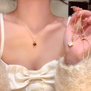 999纯银天然红玛瑙双面戴四叶草项链女高级感轻奢精致小众锁骨链