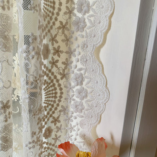 奶油风纱帘绣花纱帘奶茶色窗帘免打孔挂钩自黏贴客厅阳台书房 法式