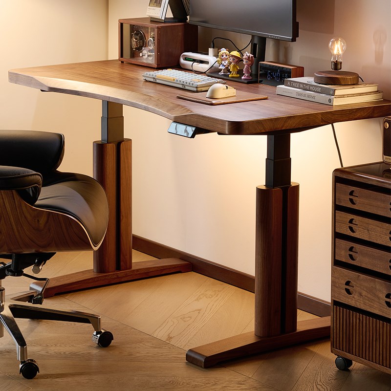 北美黑胡桃木电动升降桌家用办公桌电脑桌L实木大板书桌工作台吧