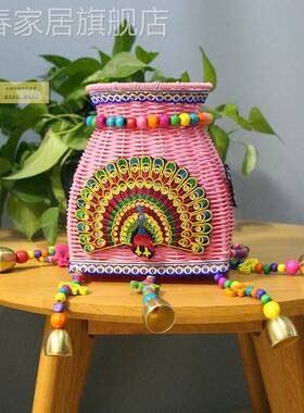 新款珠帘小背54041篓庙会景区热竹编藤编鱼篓儿童背篓彩色背兜风