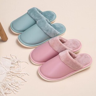 家冬季爱情侣皮质防水棉拖鞋女士家防滑室内可保用默认W26C暖毛绒
