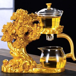 家用功夫茶杯高档轻奢磁吸泡茶壶办公室会客 发财树玻璃茶具套装