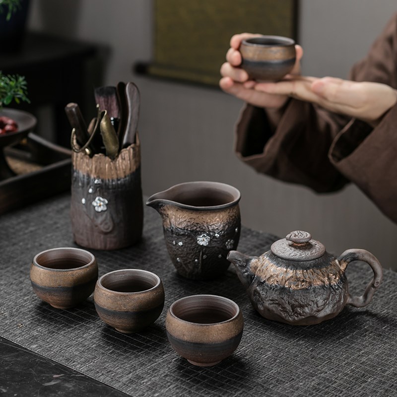 鎏金复古粗陶茶道六君子功夫茶具茶道茶夹茶针茶托工具6君子笔刷