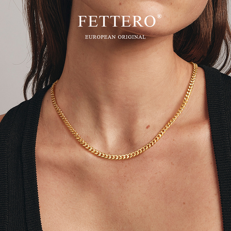 fettero百搭款金色切面古巴项链男女同款高级感嘻哈流行锁骨项链