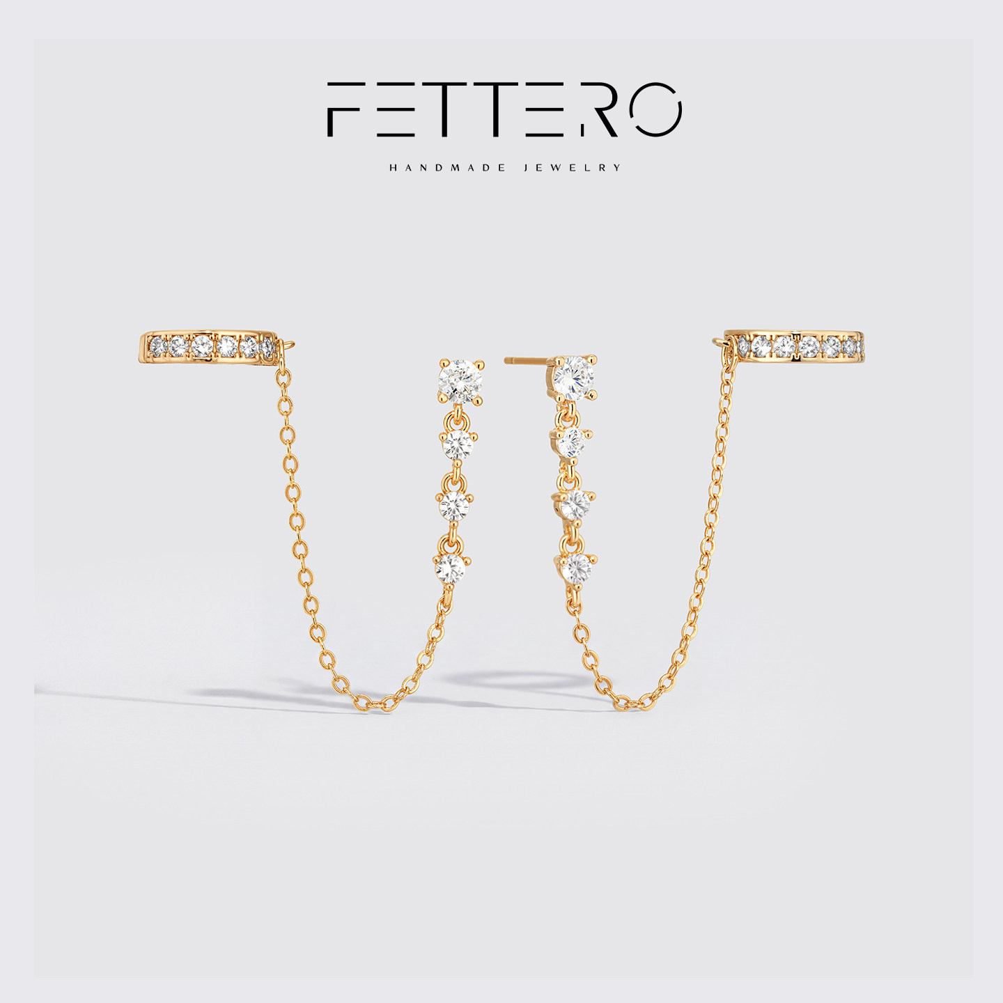 fettero原创不对称金色满镶钻耳夹轻奢小众设计高级感链条耳钉女